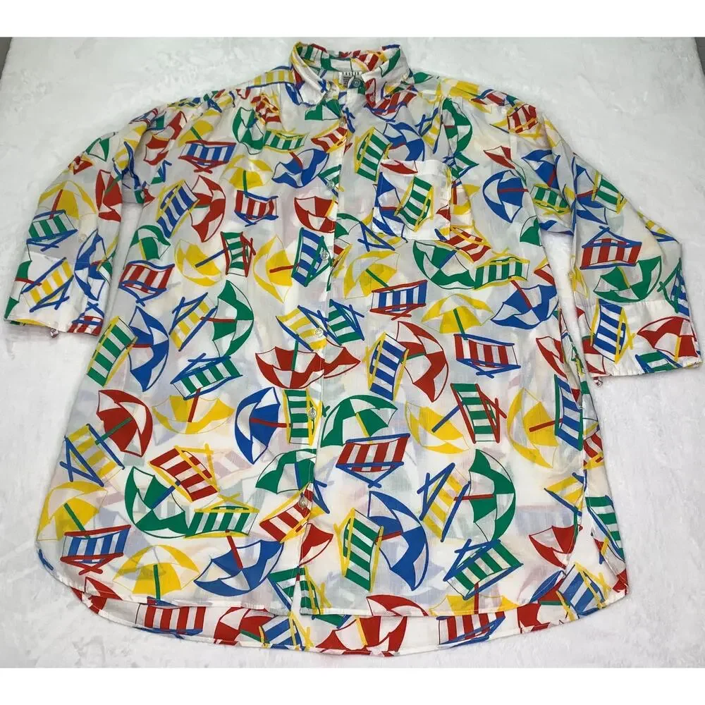 VTG Lesile Fay O/S 80s Swim Cover Up Button Up Shirt Dress Umbrella Beach Chair